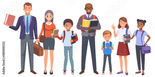 Diverse group of people with books and bags illustration of education and community