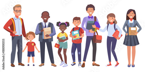 Diverse group of students and a teacher standing together happily