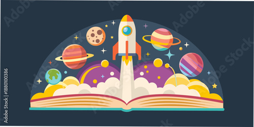 A rocket launching from an open book into a colorful space scene