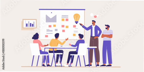 Team brainstorming session with presentation and ideas on a whiteboard