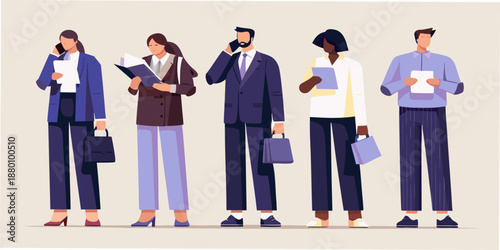 Diverse group of professionals standing in a line using phones and holding files