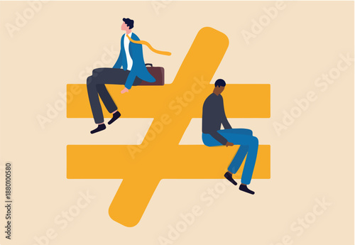 Human inequality and injustice, discrimination and racism as global social issue concept, upper class business man sitting on top of injustice, unfairness symbol with person of color at the bottom. 