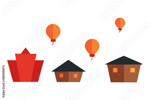 Paper Lanterns Floating Up From Rooftops White Background