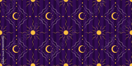 Seamless celestial pattern with stars, moons, and suns in a mystical night sky style. Designed for fabric prints, wrapping paper, boho textiles, and modern astrology-themed backgrounds