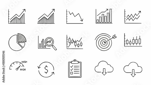 Hand drawn business and finance icons for analysis and growth.