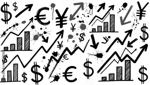 Financial growth charts and currency symbols illustration.