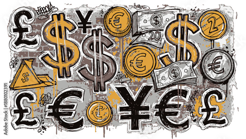 Assorted international currency symbols and coins.