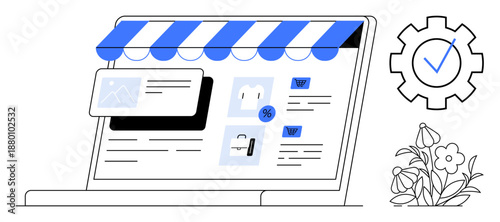 E-commerce, online shopping, digital business, retail technology, website interface, product showcase. Laptop showing online store interface with products and a storefront. E-commerce and online