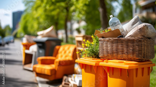 Discarded household furniture and trash bins outside for collection, sunny day disposal, waste removal, street scene, unwanted items, defocused neighborhood, with copy space