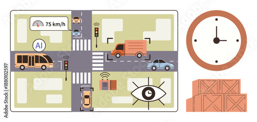 Smart cities, transportation, AI systems, urban planning, logistics, automation. Vehicles connected via AI with traffic monitoring. Smart cities and transportation concept