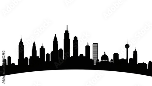 Black and white city skyline silhouettes arranged horizontally flat vector style