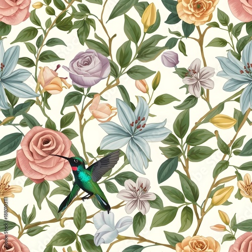 Seamless botanical floral pattern with flowers and hummingbird Generative Ai