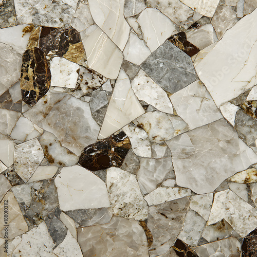 Full-frame 2D Breccia Oniciata marble slab with fragmented cream and grey fragments, polished glossy finish, showcasing intricate mosaic patterns and depth.