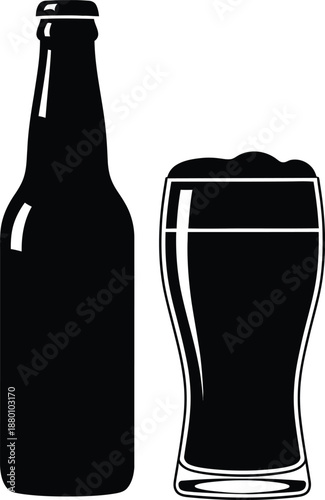 Beer Bottle and Glass Icon Silhouette Vector for Alcoholic Drink