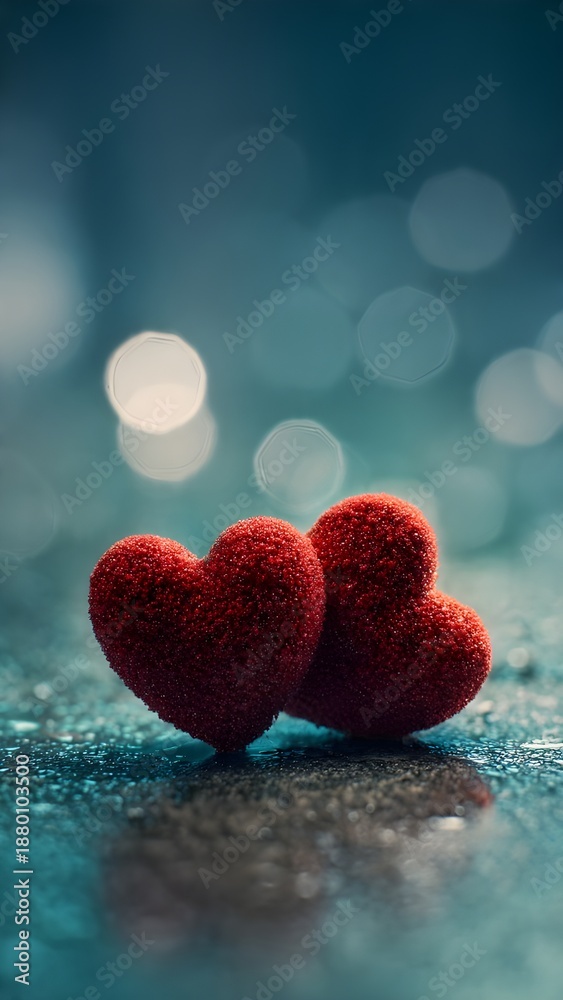 Obraz premium A softly focused image showcases two vibrant red hearts resting on a reflective surface with a bokeh background in blue tones, valentines day