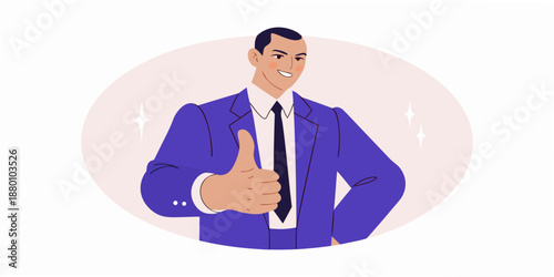 A smiling businessman gives a thumbs up with a positive attitude