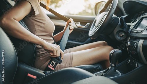 Woman fastening her seatbelt securely inside a contemporary vehicle, emphasizing crucial safety measures and responsible driving habits before embarking on a journey