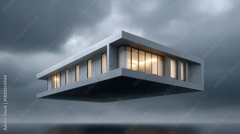 Fototapeta premium A large, modern house is floating in the air above a cloudy sky. The house is made of concrete and has many windows, giving it a sleek and minimalist appearance. The cloudy sky adds a sense of mystery