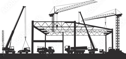 Construction Site Silhouette with Industrial Tower Cranes Mobile Cranes and Trucks Building Large Steel Frame Structure for Civil Engineering Urban Development and Infrastructure Projects Illustration