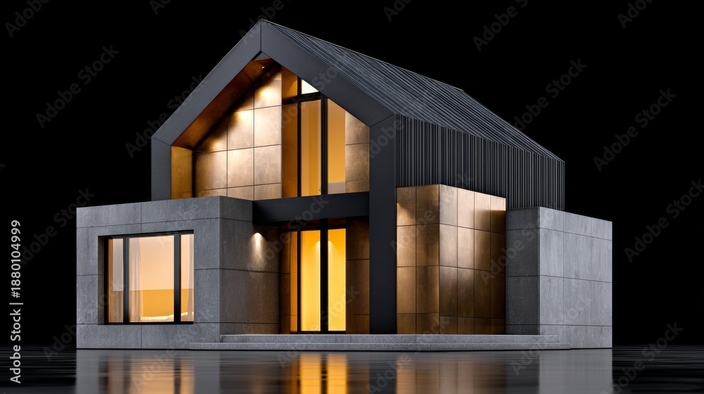 Obraz premium A small house with a black roof and a tan exterior. The house is surrounded by water and has a modern design