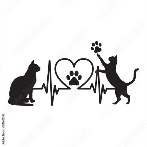 Cat Heartbeat Silhouette with Paw Prints SVG