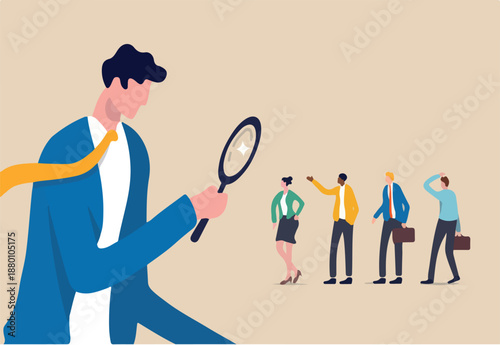 Searching the best candidate or job, Human resources, head hunt, choosing talent for job vacancy or company recruitment concept, employer boss or HR use magnifying glass to choose job interview people