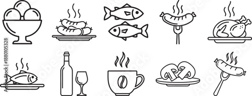 Collection of delicious food icons including ice cream, sausages, fish, coffee, and roasted chicken.