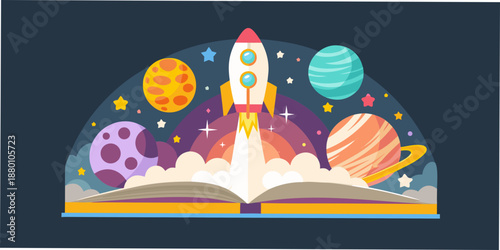 A colorful rocket launches from an open book amidst planets and stars