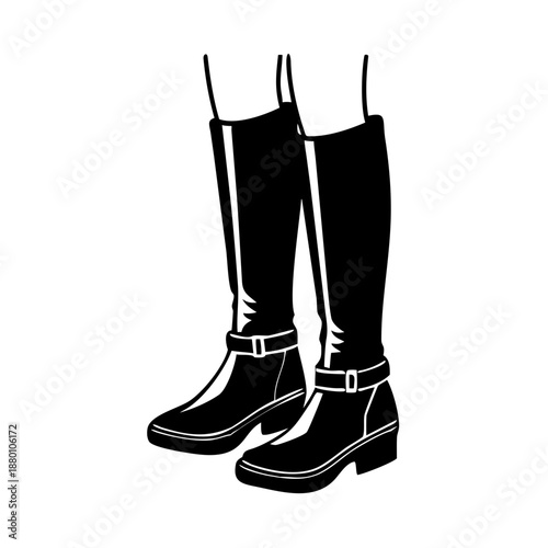 Classic black knee high boots with buckles and straps, essential fashion footwear. These knee high boots offer a sleek design and sturdy heels, perfect for versatile styling.