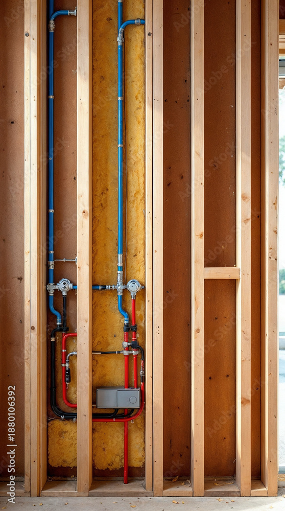 Obraz premium symmetrical plumbing and electrical rough-in inside new house wall