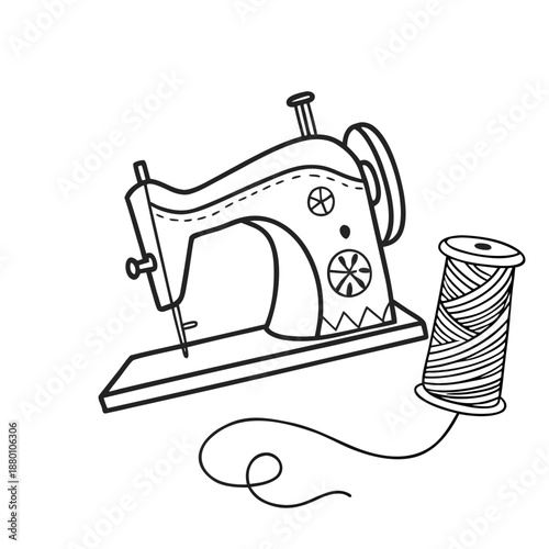 Charming black and white line art illustration featuring a stylized vintage sewing machine ready for crafting projects alongside a large spool of thread.