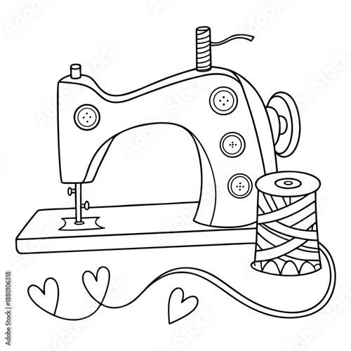Charming black and white illustration featuring a vintage style sewing machine ready for crafting projects accompanied by a large spool of thread and delicate heart shapes drawn with string.