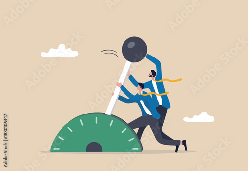 Paradigm shift technology to new business level, control or shifting speed for company growth, transformation and disruption concept, businessman team shifting transmission knob to faster new level.