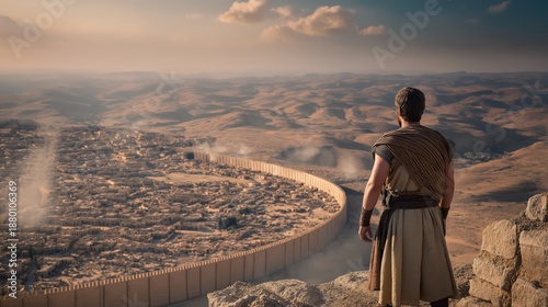 Joshua stands before the walls of Jericho with ark-bearing priests and the Israelite camp behind him, symbolizing obedience, faith, and God’s power to bring victory.