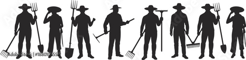 Set of Diverse Farmers and Gardeners Silhouette Holding Shovels Pitchforks and Rakes for Agricultural Labor Manual Farming Horticulture Industry Landscape Maintenance and Rural Lifestyle