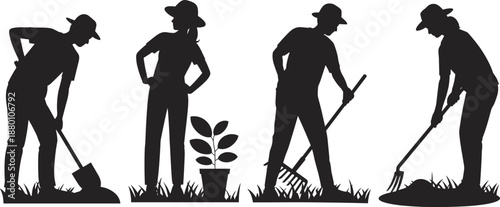 Set of Gardeners and Farmers Silhouette Working with Shovel Rake and Pitchfork for Gardening Agriculture Farming Landscape Maintenance Outdoor Labor and Horticulture Design Elementst