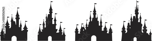 Set of Magical Fairy Tale Castle Silhouette Icons for Fantasy Storytelling Theme Park Attractions Royal Palace Design Elements and Enchanted Kingdom Graphic Illustrations
