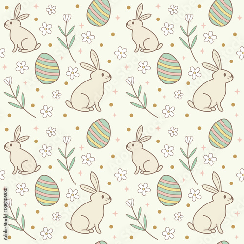 Pastel Easter seamless pattern with cute bunnies, decorated eggs and spring flowers on light cream background. Vector spring illustration