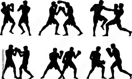 Set of Professional Male Boxer Silhouette Figures Sparring in Various Combat Poses for Boxing Training Martial Arts Sport Competition Fitness and Workout Illustration