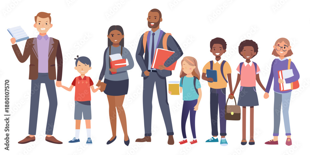 Fototapeta premium Diverse group of students and teachers walking together illustration style