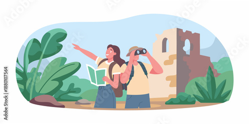 Two tourists exploring ancient ruins with a map and binoculars