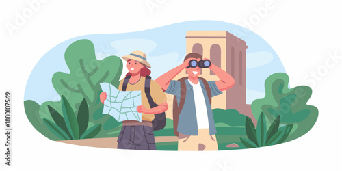 Tourists exploring a city with a map and binoculars enjoying the sights