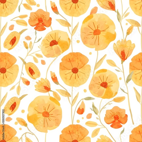 yellow orange floral watercolor seamless pattern Generative Ai