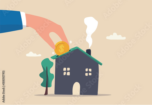 Down payment for house purchasing, mortgage or real estate loan, savings to buy new home or property investment, rental concept, businessman hand home owner putting money dollar coin into new house.