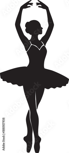 Ballerina silhouette in black dress with arms raised