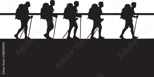 Five hikers walking with backpacks and trekking poles on a trail