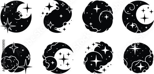 Silhouette of various crescent moon phases with stars