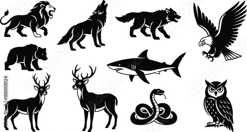 Silhouette of various animals including mammals birds and fish