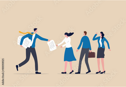 Work delegation, manager distribute work assignment to team member colleagues, assign tasks, job or project to staff responsibility concept, businessman manager delegate project assignment to team.