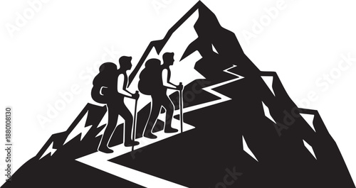 Four hikers climbing a mountain with trekking poles